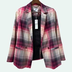 COMMA Plaid Blazer Double-Breasted NWT Pink Cream Grey Multi Size 6